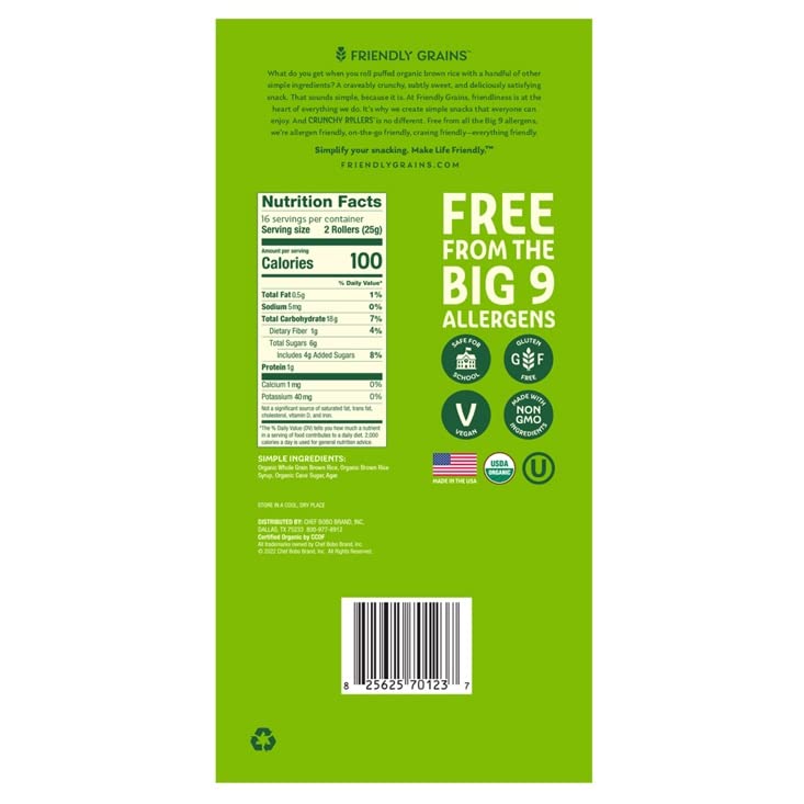 Friendly Grains - Crunchy Rollers - Organic Rice Snacks, Crispy Puffed Rice Rolls, Healthy Snack Rolls for Adults and Kids - Original Brown Rice (16 packs of 2) - Image 7